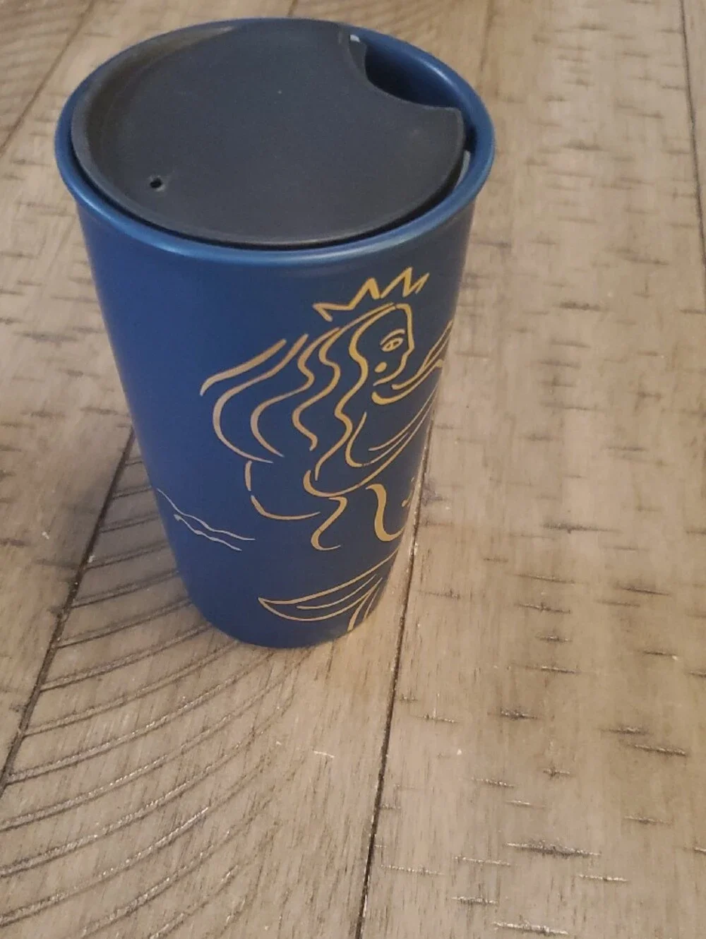 Starbucks Navy Blue Travel Mug with Black Lid and Gold Logo